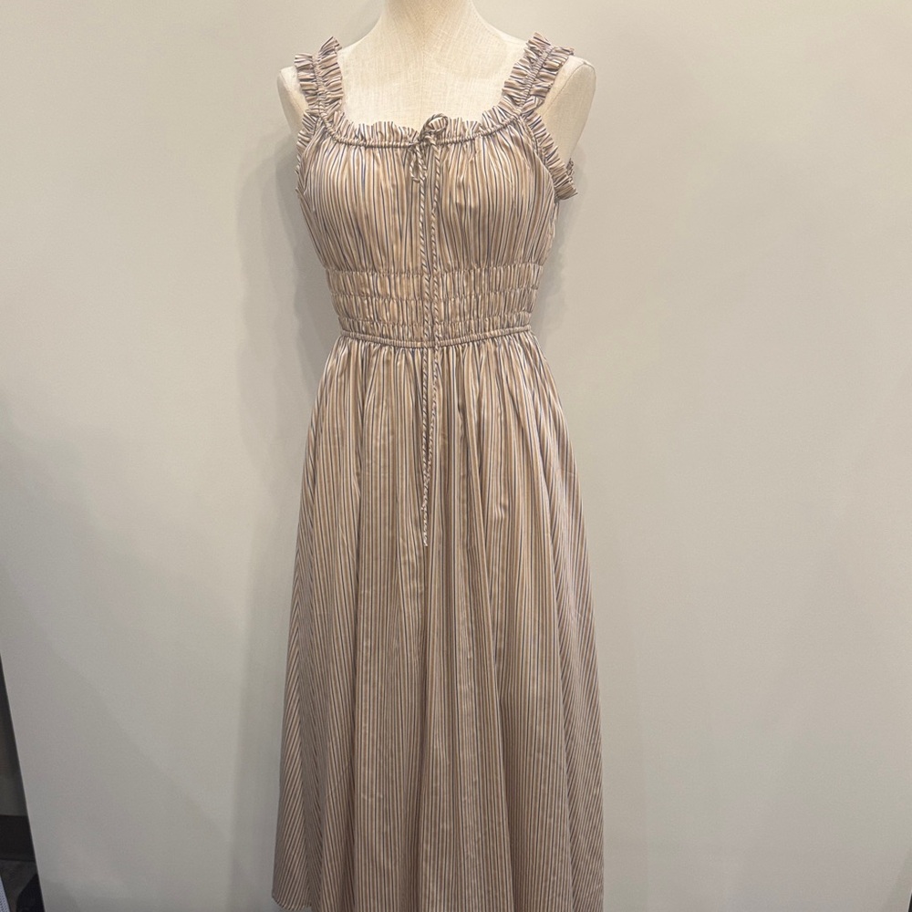Sleeveless Beige Striped Sundress with Ruffle Trim